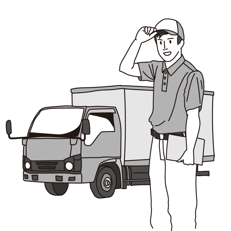 業者の男性とトラック（モノクロ）