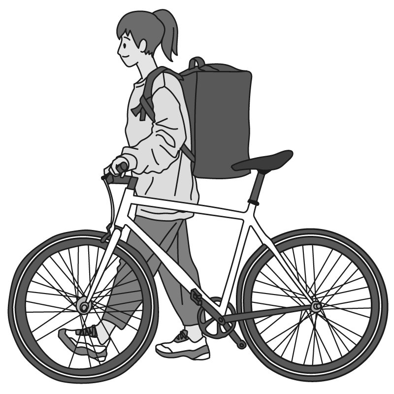 自転車で配達する女性（モノクロ）