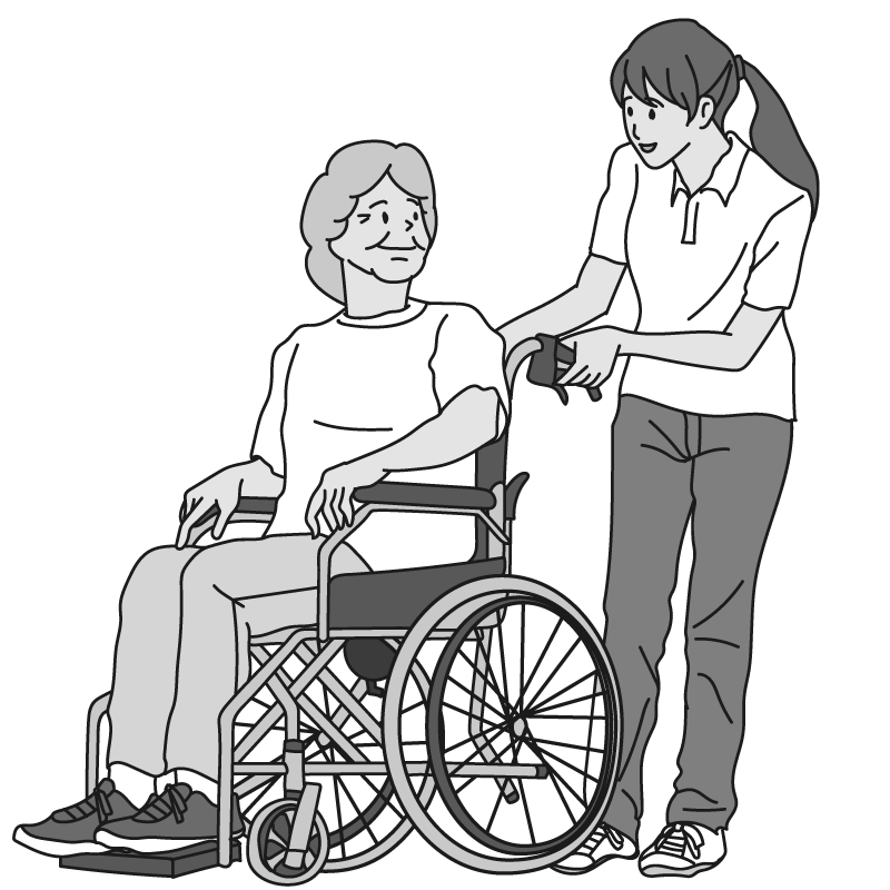 車いすのおばあちゃんと女性（モノクロ）