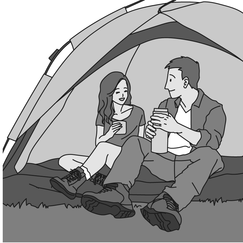 キャンプを楽しむ男女 モノクロ ツカウレ イラスト素材集サイト